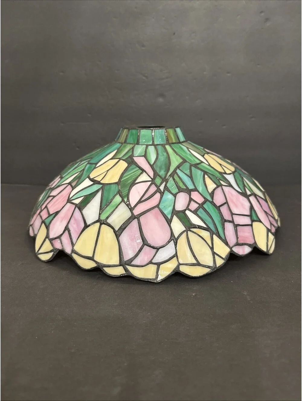 Tiffany Style Stained Glass Lamp 15” Shade Pink Yellow Green Floral Art Nouveau
